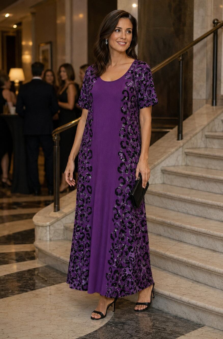 Rebel Raven Large Purple Leopard Print Maxi Dress Short Sleeve Flowy Evening